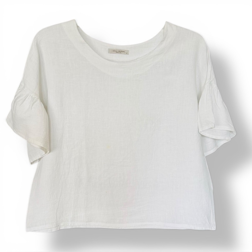 Viola Borghi Size Large White 100% Linen Top Short Ruffled Sleeves - Picture 2 of 5